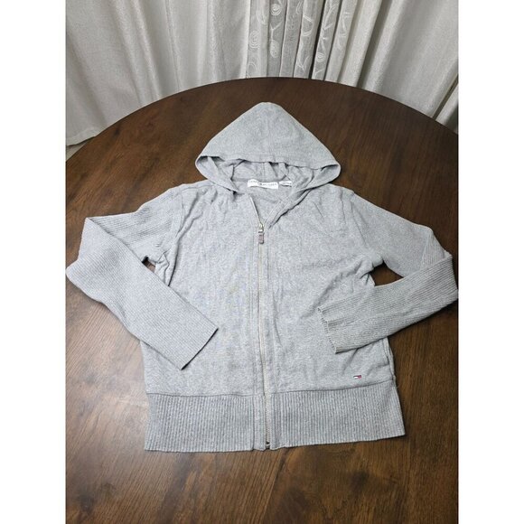 Tommy Hilfiger Women's Gray Cotton Hoodie Knit Sleeve Full-Zip Sweater Large - Picture 12 of 14
